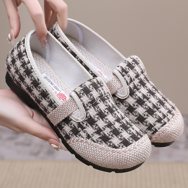 Naistele lina kangastest slip-on kingad – hingavad, kerged, ruuduline muster, PU talla, lame kand