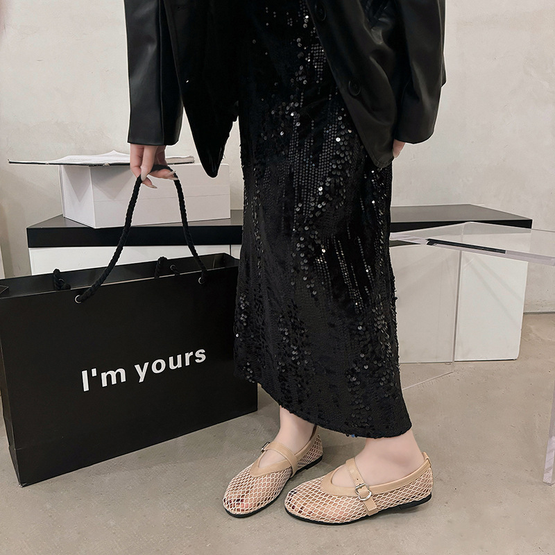 Hingav võrgukattega Mary Jane baleriinad, ümmarguse ninaga, lame kanna, PU sisetald