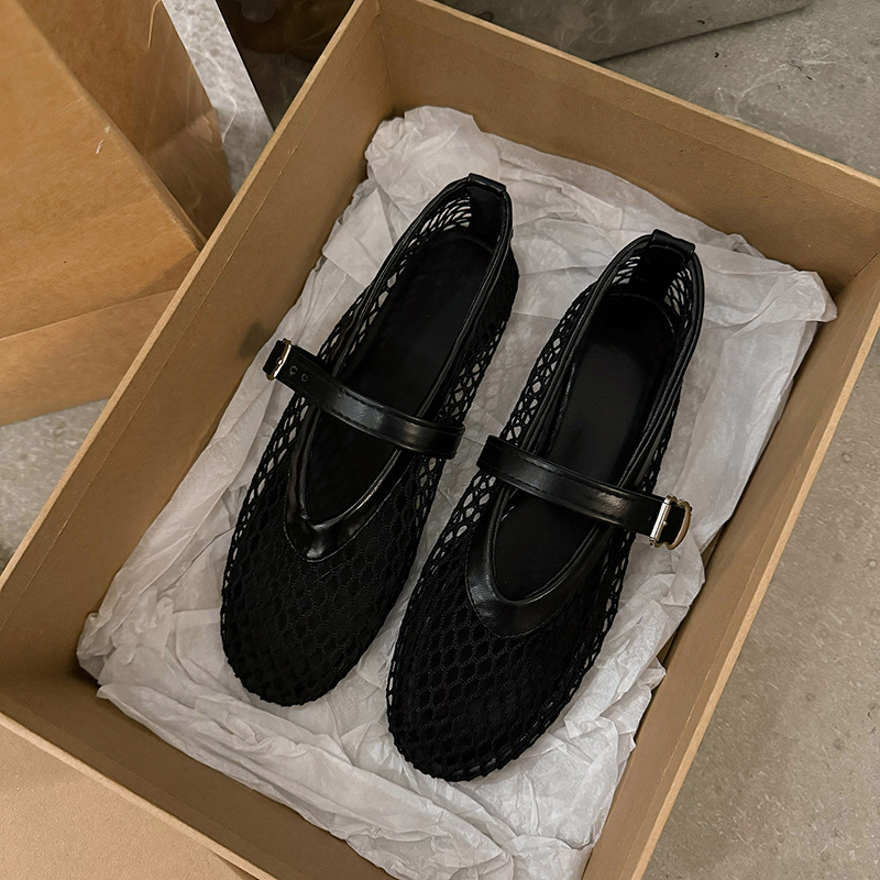 Hingav võrgukattega Mary Jane baleriinad, ümmarguse ninaga, lame kanna, PU sisetald