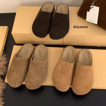 Retro velūra sieviešu slip-on sandales ar korķa zolīti un gumijas zoli, zoles biezums 0–3 cm, vienkārša uzvilkšana, rudens 2024 izlaidums