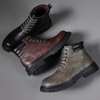 Férfiaknak szóló Martin bőrből készült csizma, brit stílusú magas szárú Derby, PU felsőrész, gumi talp, középső sarok 3–5 cm
