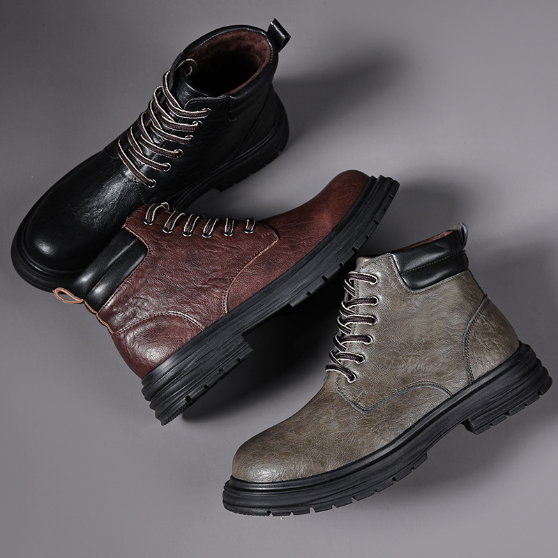 Férfiaknak szóló Martin bőrből készült csizma, brit stílusú magas szárú Derby, PU felsőrész, gumi talp, középső sarok 3–5 cm