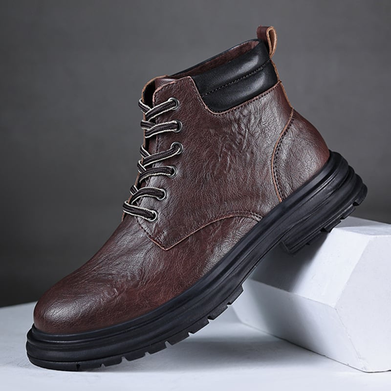 Férfiaknak szóló Martin bőrből készült csizma, brit stílusú magas szárú Derby, PU felsőrész, gumi talp, középső sarok 3–5 cm