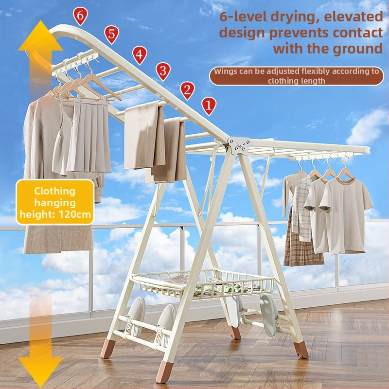 Grīdas stāvošs drēbju žāvēšanas statīvs – dubulti stabi, biezināts oglekļa tērauds, salokāms, mobilais, iekšējai un ārējai balkona lietošanai, modelis 7945