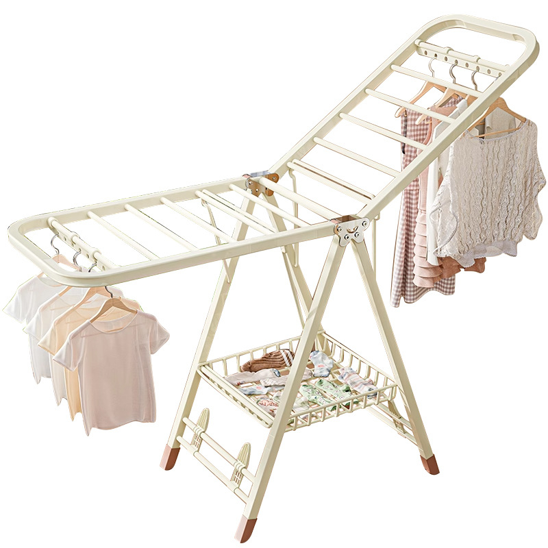 Подова стойка за сушене на дрехи – двойна пръчкова конструкция, удебелена въглеродна стомана, сгъваема, мобилна, за вътрешен и външен балкон, модел 7945