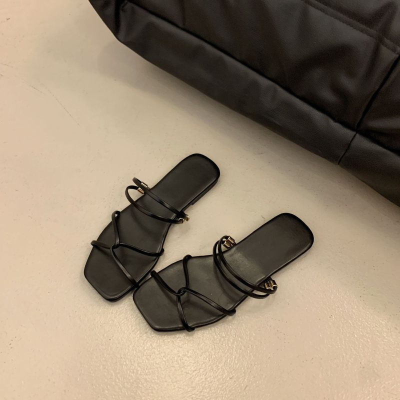 Sandales ar plakanu zoli un kvadrātveida purngalu, PU augšdaļa, PU zole, auduma odere