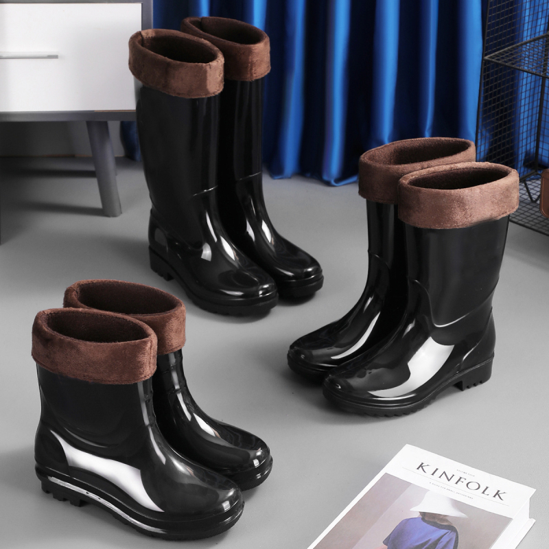 Дъждовни ботуши от PVC, високи, антихлъзгави, подплатени с пух, EVA стелка