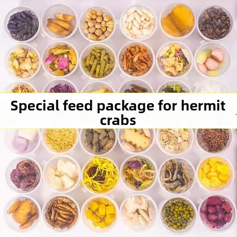 Hērmitu krabju barība: dehidrēta un lyofilizēta, augsts kalcija saturs, sausa zivs un garneles, bez cukura kokosriekstu pārslas