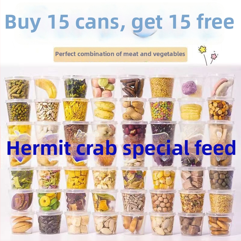Hērmitu krabju barība: dehidrēta un lyofilizēta, augsts kalcija saturs, sausa zivs un garneles, bez cukura kokosriekstu pārslas