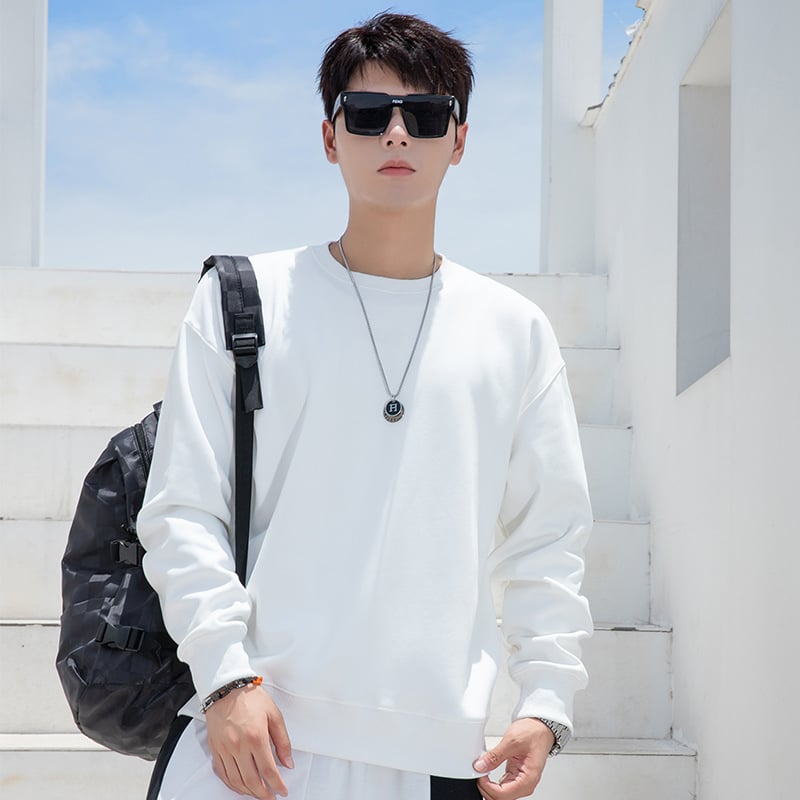 Vīriešu kokvilnas flīsa džemperis ar apaļu kaklu, garas piedurknes, brīvs piegriezums, 600 g smagums