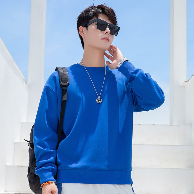 Vīriešu kokvilnas flīsa džemperis ar apaļu kaklu, garas piedurknes, brīvs piegriezums, 600 g smagums