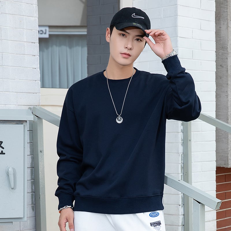 Vīriešu kokvilnas flīsa džemperis ar apaļu kaklu, garas piedurknes, brīvs piegriezums, 600 g smagums