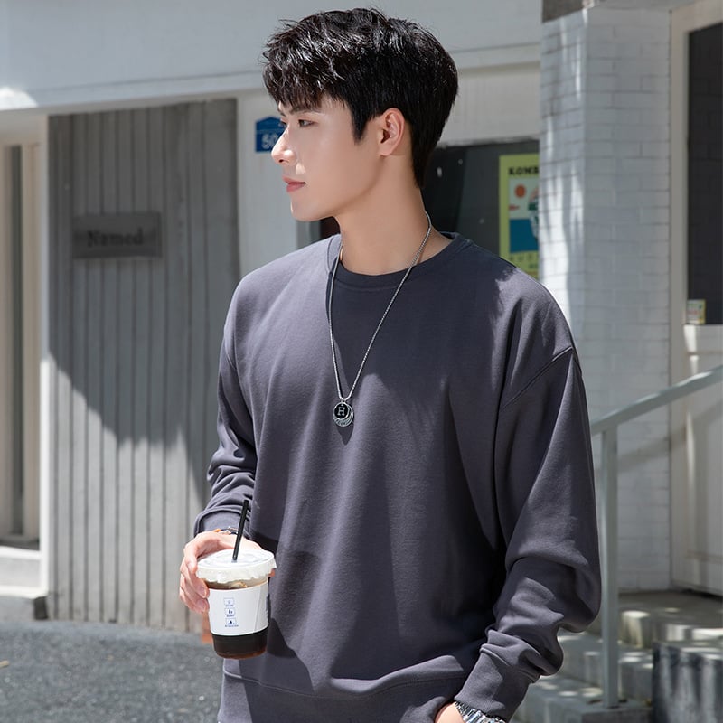 Vīriešu kokvilnas flīsa džemperis ar apaļu kaklu, garas piedurknes, brīvs piegriezums, 600 g smagums