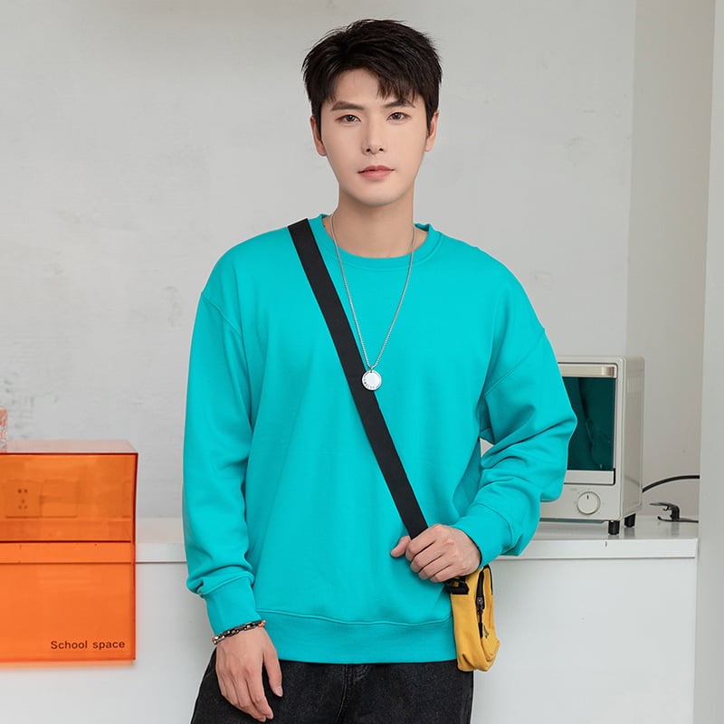 Vīriešu kokvilnas flīsa džemperis ar apaļu kaklu, garas piedurknes, brīvs piegriezums, 600 g smagums