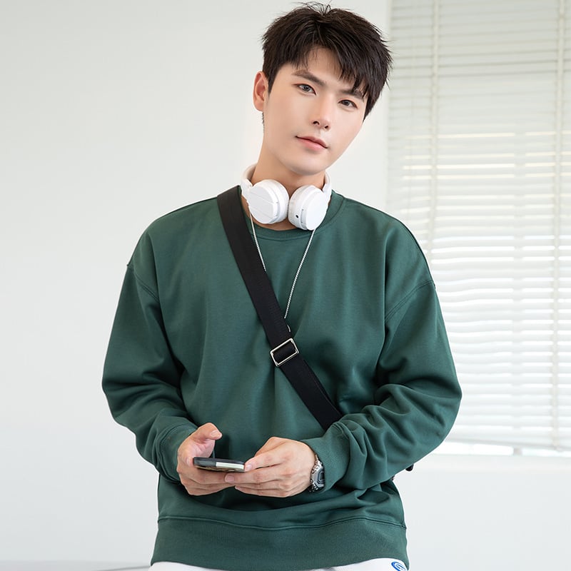 Vīriešu kokvilnas flīsa džemperis ar apaļu kaklu, garas piedurknes, brīvs piegriezums, 600 g smagums