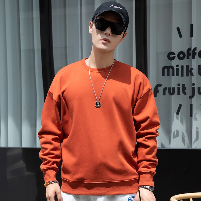 Vīriešu kokvilnas flīsa džemperis ar apaļu kaklu, garas piedurknes, brīvs piegriezums, 600 g smagums