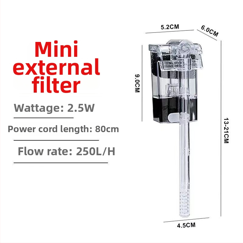 Mini krioklio filtras akvariumui; tylus siurblys; PVC konstrukcija; svoris 0,15 kg; filtravimo medžiaga: filtras vata; USB/AC-DC sąsaja