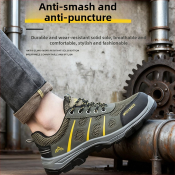 Drošības darba apavi ar perforācijas un triecienskaitlisko aizsardzību; virsējā no mikrofibra ādas; PU zole; zems augums; četras sezonas; unisex.