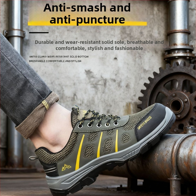 Drošības darba apavi ar perforācijas un triecienskaitlisko aizsardzību; virsējā no mikrofibra ādas; PU zole; zems augums; četras sezonas; unisex.