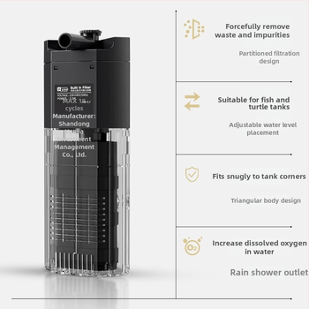 Trys viename akvariumo filtras su potopiamu siurbliu, plastmasinis korpusas, filtro medžiaga