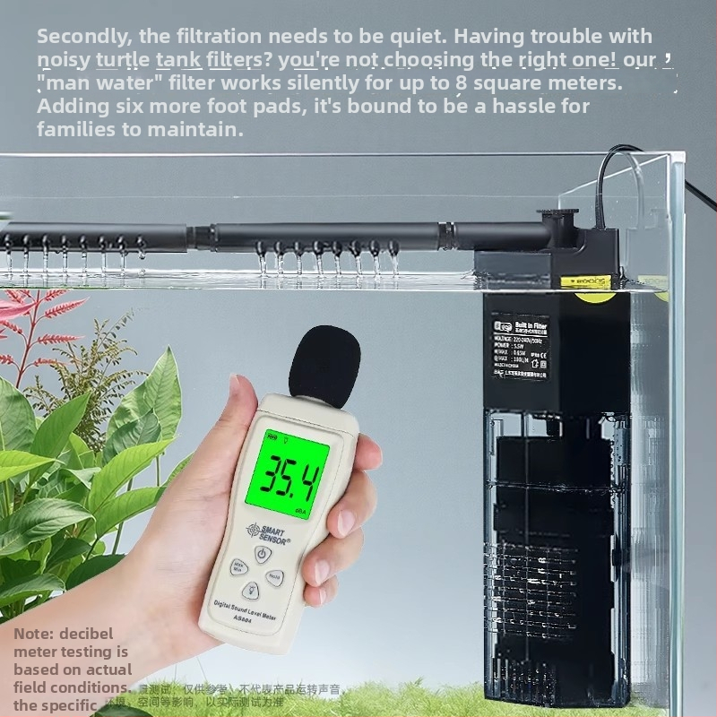 Trys viename akvariumo filtras su potopiamu siurbliu, plastmasinis korpusas, filtro medžiaga