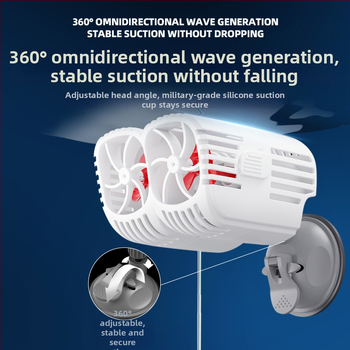 Dviejų galvų bangų siurblys akvariumui, 360° tylus srautas, su siurbtukais