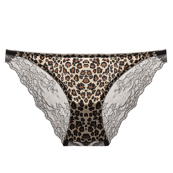 Ženske gaćice s leopard printom i čipkom, niski struk, prozračna Ice Silk tkanina, pamuk podstava, crna