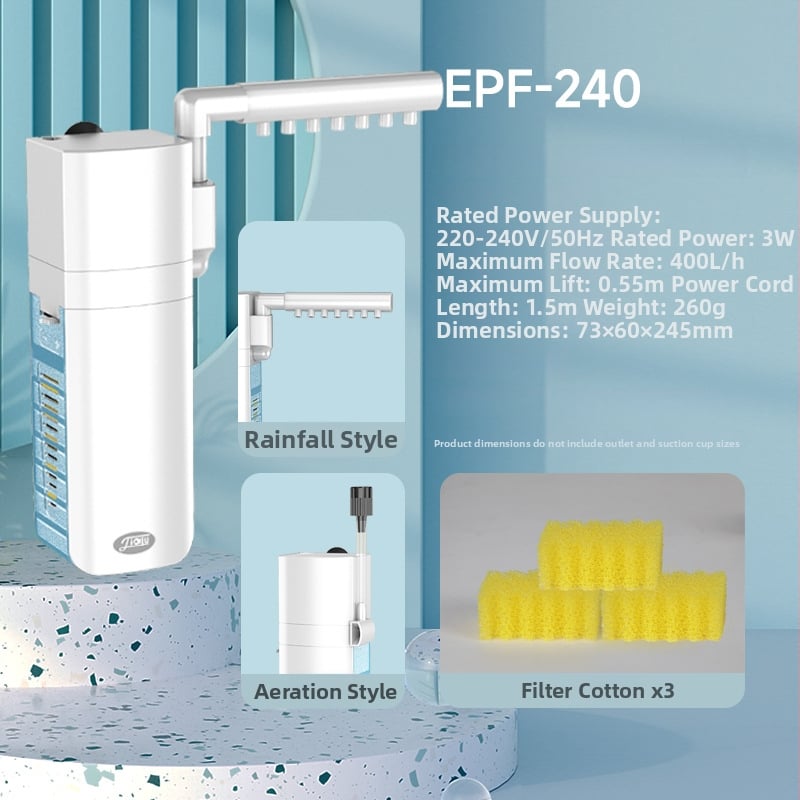 Аквариумна филтър-помпа с вградена 3-в-1 филтрация, подмяна на вода и кислородиране, циркулация на водата — Биохимичен филтър • Пластмаса • Бранд Jialu • Тегло 3