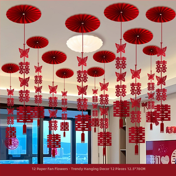 Popierinė girlianda su kaspinu, dvigubo laimės motyvas, lubų pakabinamas vestuvinei dekoracijai