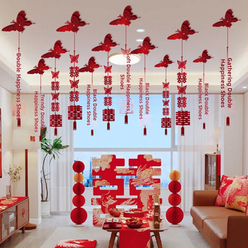 Popierinė girlianda su kaspinu, dvigubo laimės motyvas, lubų pakabinamas vestuvinei dekoracijai