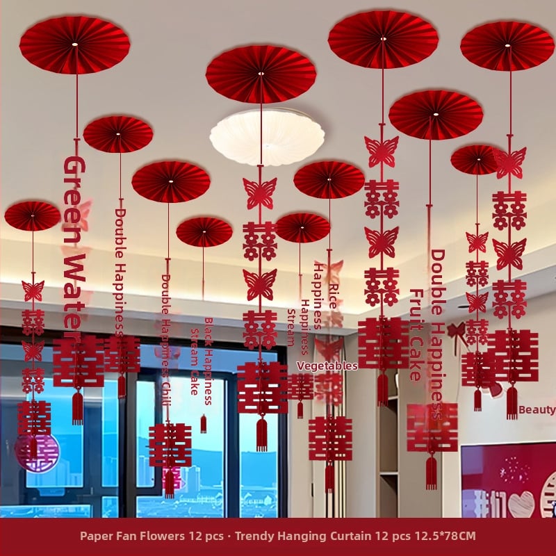 Popierinė girlianda su kaspinu, dvigubo laimės motyvas, lubų pakabinamas vestuvinei dekoracijai