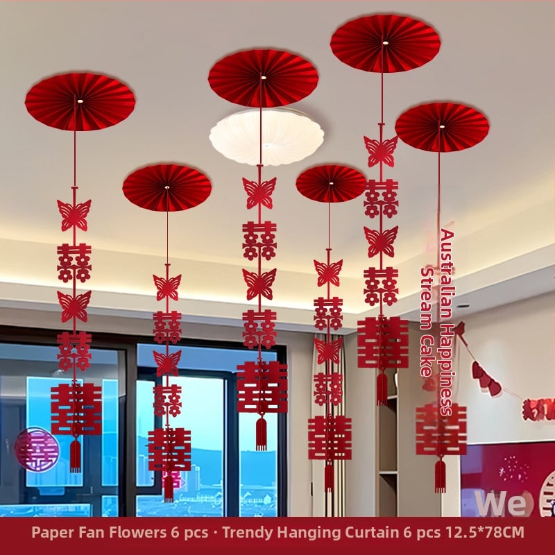 Popierinė girlianda su kaspinu, dvigubo laimės motyvas, lubų pakabinamas vestuvinei dekoracijai