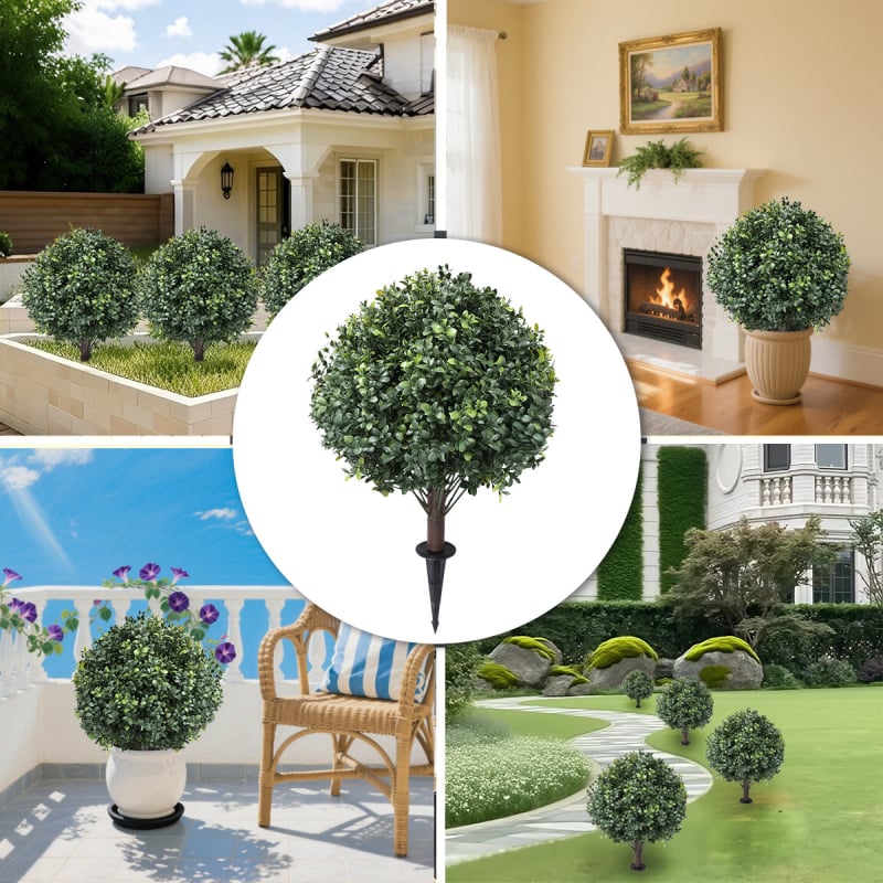 Umjetna zimzelena kuglasta biljka boxwood u posudi, plastika, vanjska dekoracija za vrt