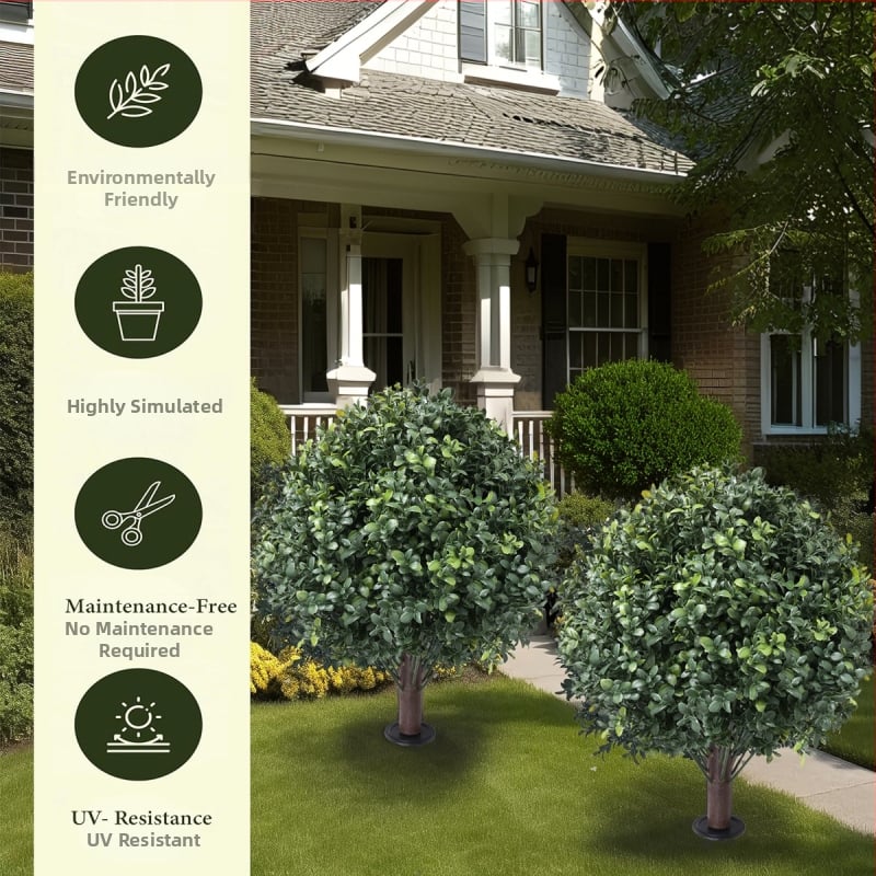 Umjetna zimzelena kuglasta biljka boxwood u posudi, plastika, vanjska dekoracija za vrt