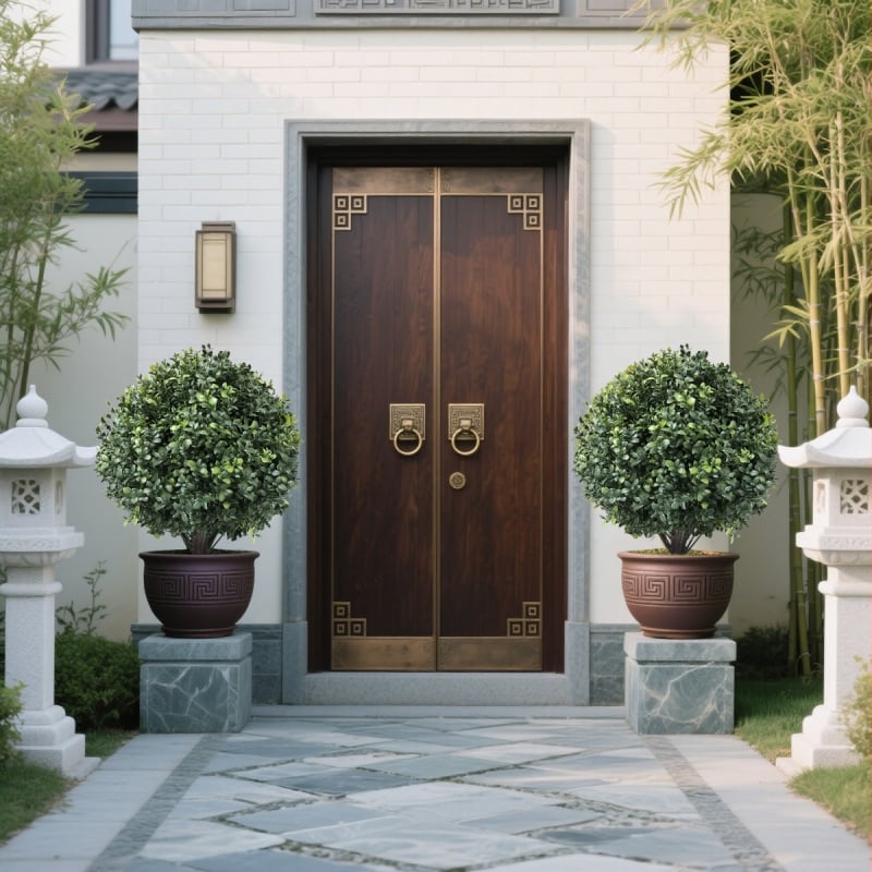 Umjetna zimzelena kuglasta biljka boxwood u posudi, plastika, vanjska dekoracija za vrt