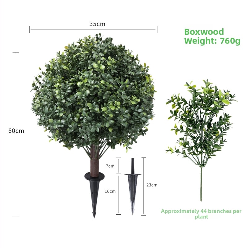 Umjetna zimzelena kuglasta biljka boxwood u posudi, plastika, vanjska dekoracija za vrt