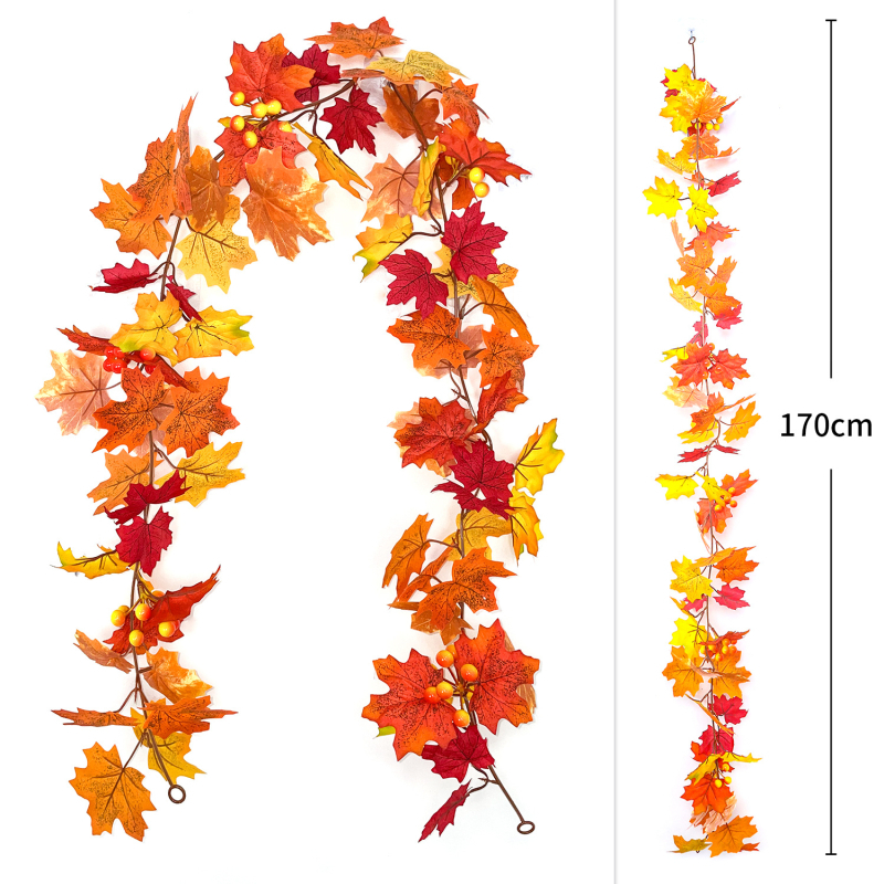 Simulēta liana ar kļavas lapām, zīda ziediem, rotang konstrukcija, OPP iepakojums, daļēji automatizēta un daļēji manuāla ražošana