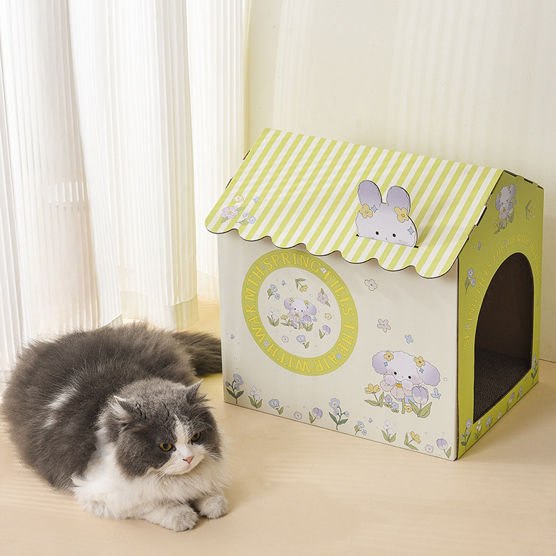 Casă pentru pisici din carton cu cuib integrat și placă de zgâriat (Material: carton; Potrivită pentru pisici; Cuib integrat; Categoria: cabină)