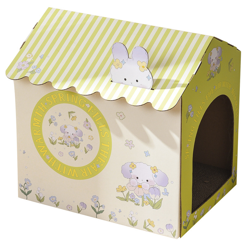 Casă pentru pisici din carton cu cuib integrat și placă de zgâriat (Material: carton; Potrivită pentru pisici; Cuib integrat; Categoria: cabină)