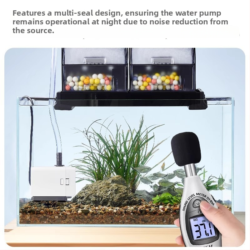 Потапяема помпа за аквариум с изключително тих режим на работа, долно/странично всмукване, филтрация и водна циркулация, пластмасова конструкция.