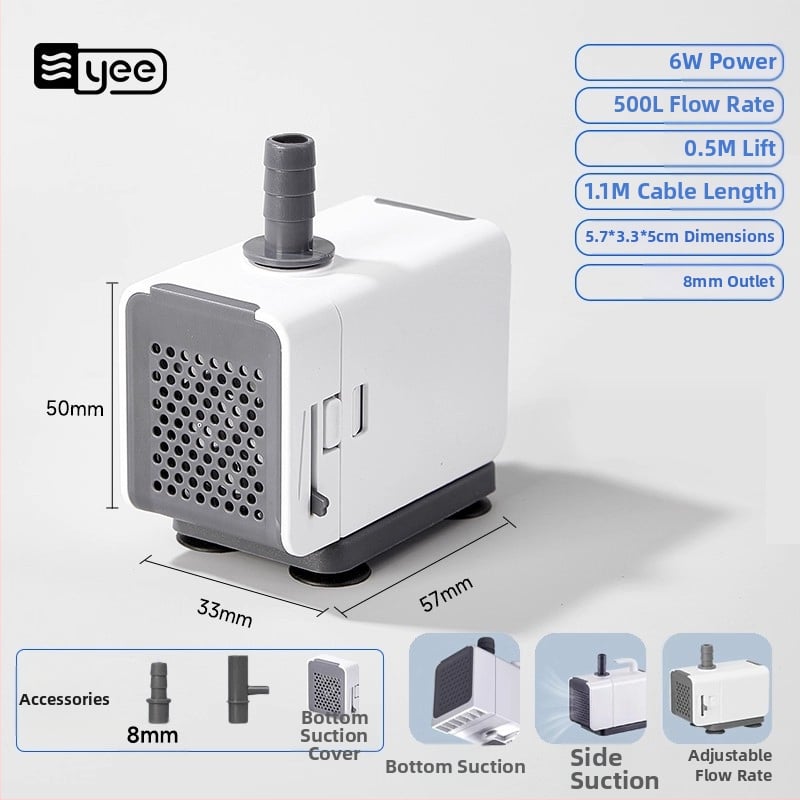 Потапяема помпа за аквариум с изключително тих режим на работа, долно/странично всмукване, филтрация и водна циркулация, пластмасова конструкция.