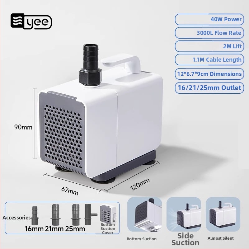 Потапяема помпа за аквариум с изключително тих режим на работа, долно/странично всмукване, филтрация и водна циркулация, пластмасова конструкция.