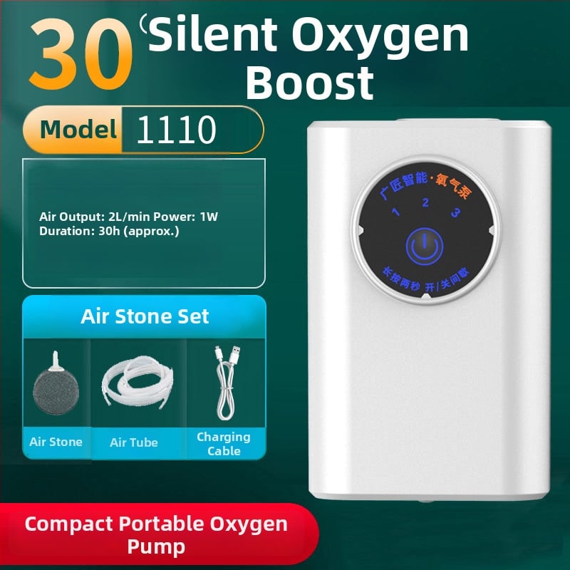 Водоустойчива преносима кислородна помпа за аквакултура и риболов, литиева батерия, въздушен поток 2 L/min, мощност 1–2 W, време на работа 24–36 ч