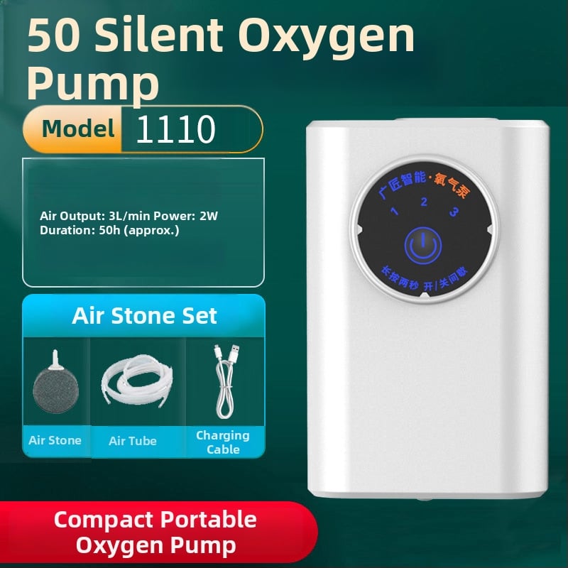 Водоустойчива преносима кислородна помпа за аквакултура и риболов, литиева батерия, въздушен поток 2 L/min, мощност 1–2 W, време на работа 24–36 ч