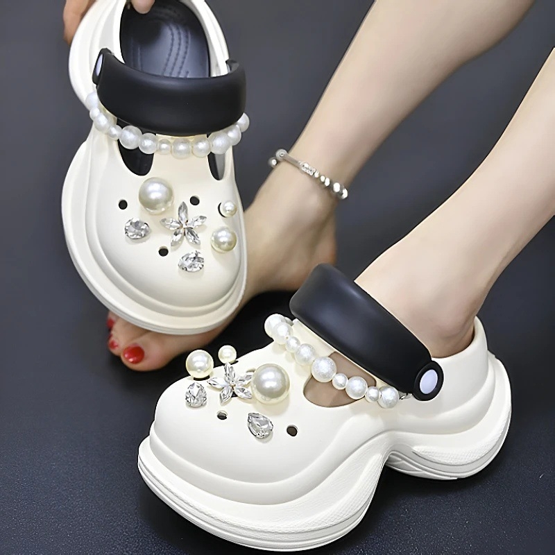 Sieviešu perforētās sandales ar biezām EVA zoles, EVA augšdaļa, pērlīšu dekors, elpojošas un neslīdošas, vasaras modelis