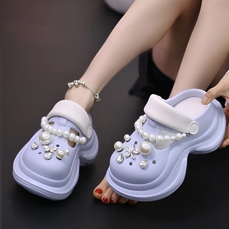 Sieviešu perforētās sandales ar biezām EVA zoles, EVA augšdaļa, pērlīšu dekors, elpojošas un neslīdošas, vasaras modelis