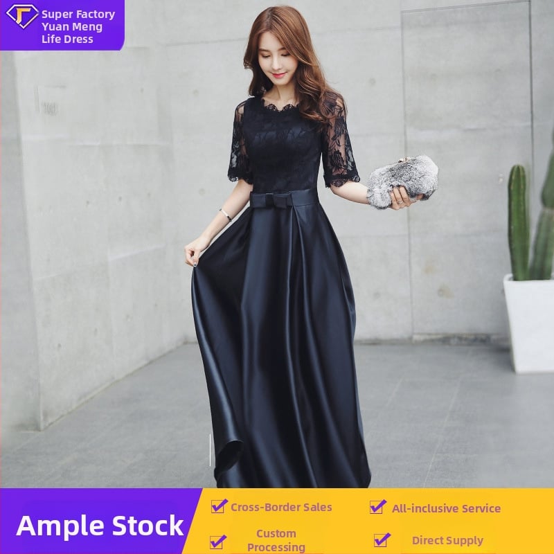 Vakara kleita, A līnijas siluets, augsta josta, 3/4 piedurknes, gara garums, poliestera audums