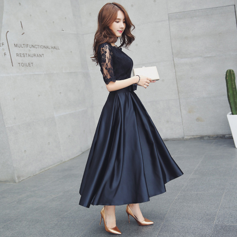 Estélyi ruha, A-vonal, magas derék, háromnegyedes ujjú, hosszú ruha, poliészter anyag