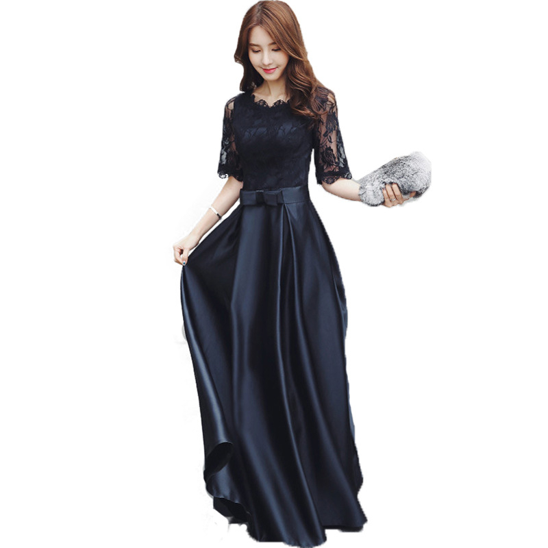 Estélyi ruha, A-vonal, magas derék, háromnegyedes ujjú, hosszú ruha, poliészter anyag