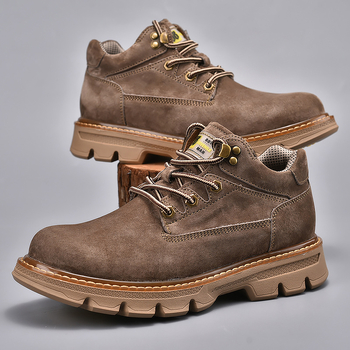 Мъжки зимни ботуши от свинска кожа, горен слой, подплатени флийс, корейски стил нисък връх, плоска подметка, шевна конструкция